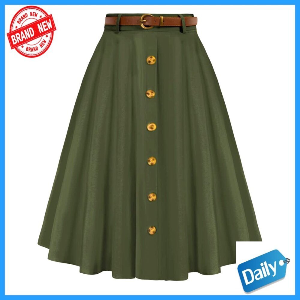 Vintage Stretch High Waist A-Line Flared Midi Skirt with Pockets & Belt